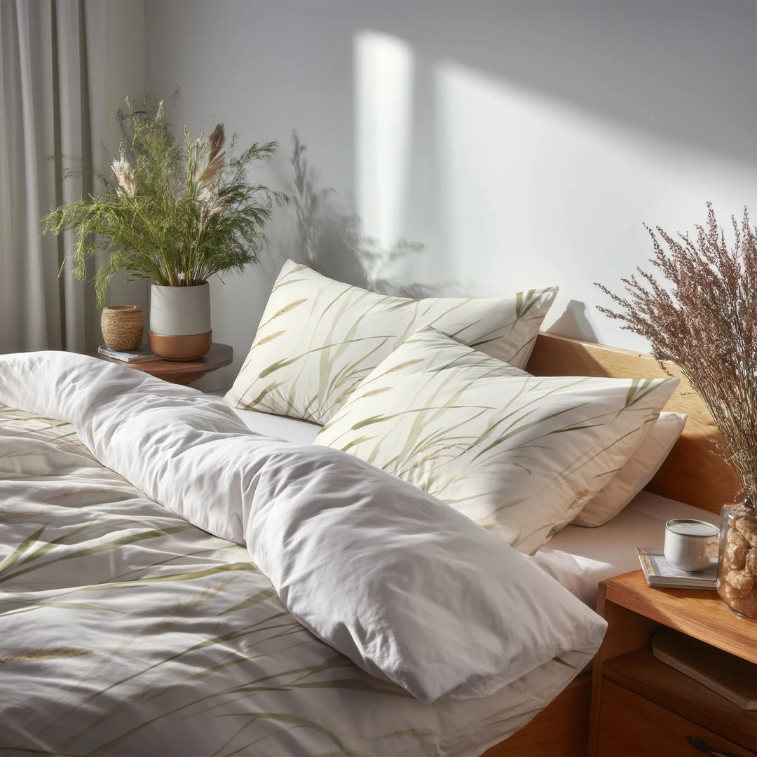 Floral Bedding Set 5 Pcs - Beach Grass Duvet Cover And Throw Pillow Set