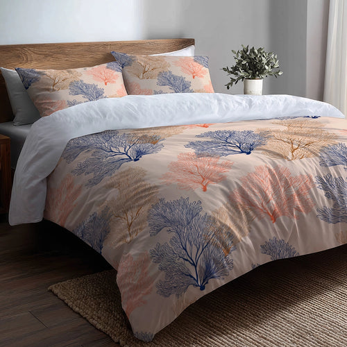 Coastal Bedding Set of 3 - Coral Beach Pattern Duvet Cover with Shams