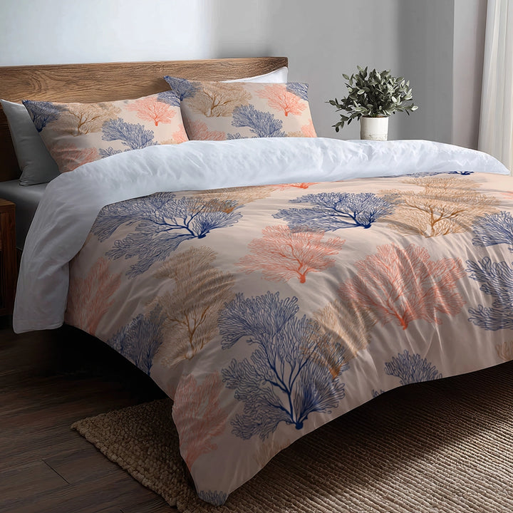 Coastal Bedding Set of 3 - Coral Beach Pattern Duvet Cover with Shams