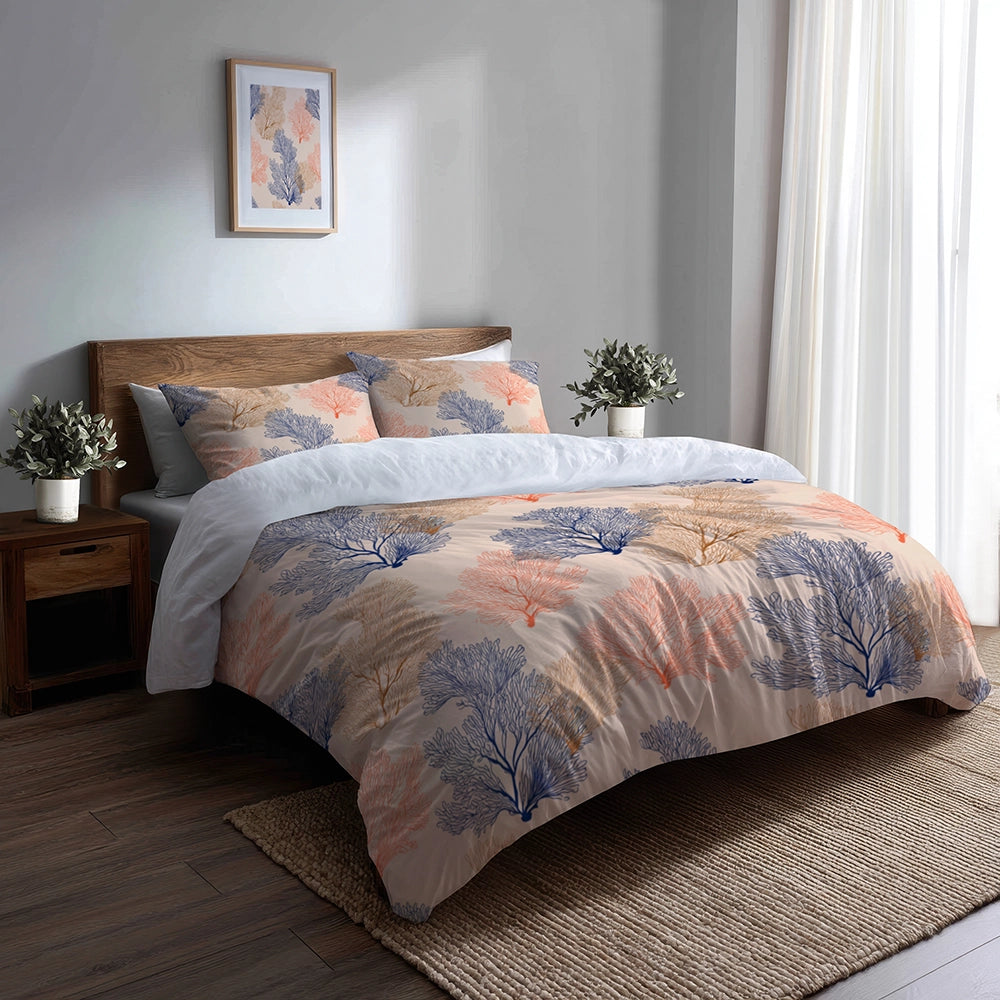 Coastal Bedding Set of 3 - Coral Beach Pattern Duvet Cover with Shams