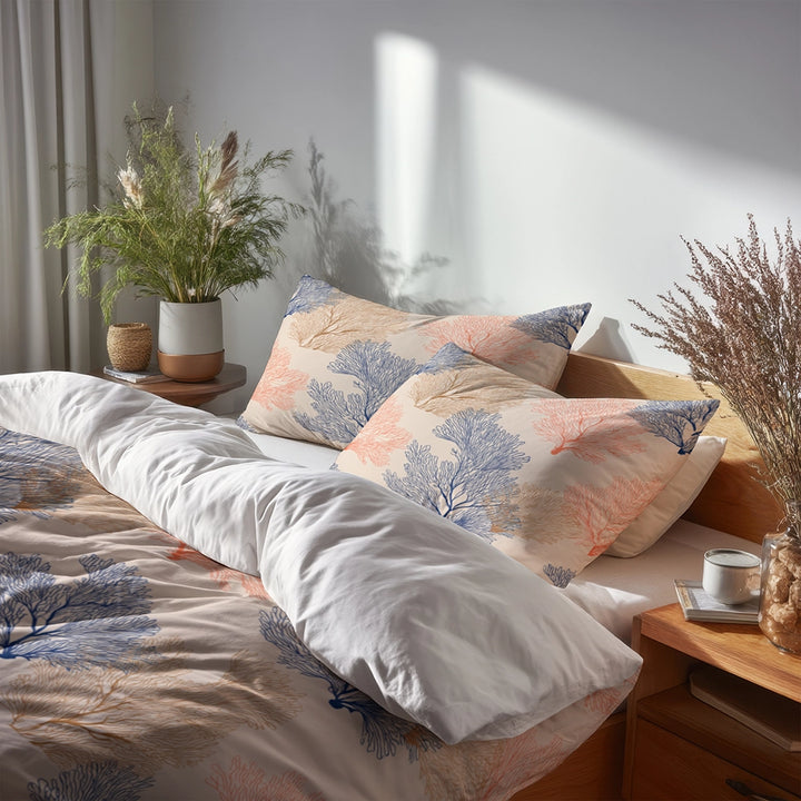 Coastal Bedding Set of 3 - Coral Beach Pattern Duvet Cover with Shams