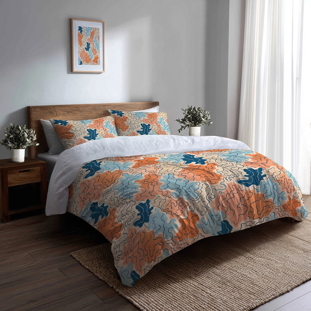 Coastal Bedding Set 3 Pcs - Coastal Coral Pattern Duvet Cover Set