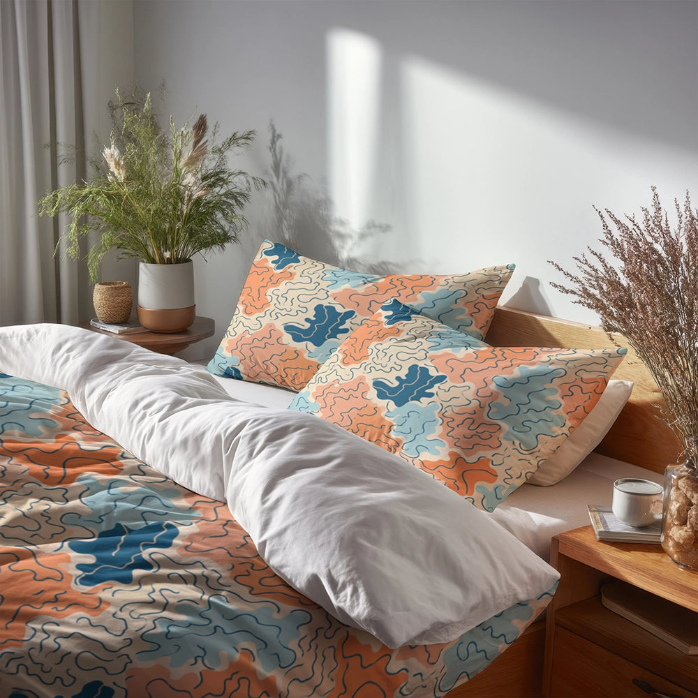 Coastal Bedding Set 3 Pcs - Coastal Coral Pattern Duvet Cover Set