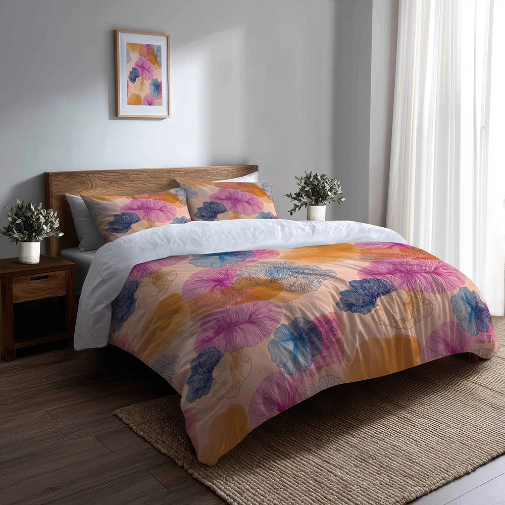 Coastal Bedding Set of 3 - Coastal Coral Pattern Duvet Cover Set