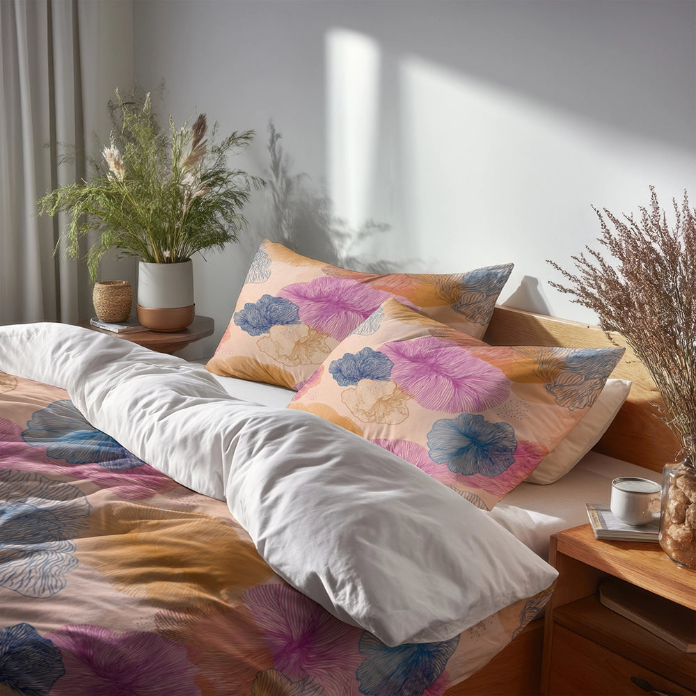 Coastal Bedding Set of 3 - Coastal Coral Pattern Duvet Cover Set