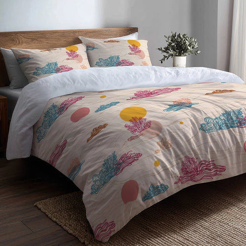 Coastal 3 Pcs Bedding Set - Coastal Coral Pattern Duvet Cover with Shams