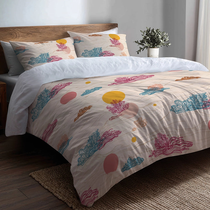 Coastal 3 Pcs Bedding Set - Coastal Coral Pattern Duvet Cover with Shams