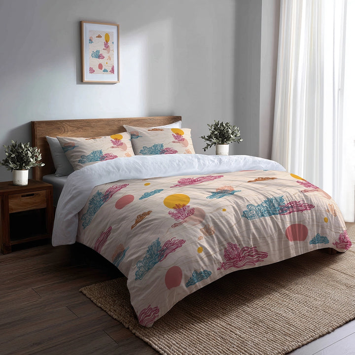Coastal 3 Pcs Bedding Set - Coastal Coral Pattern Duvet Cover with Shams