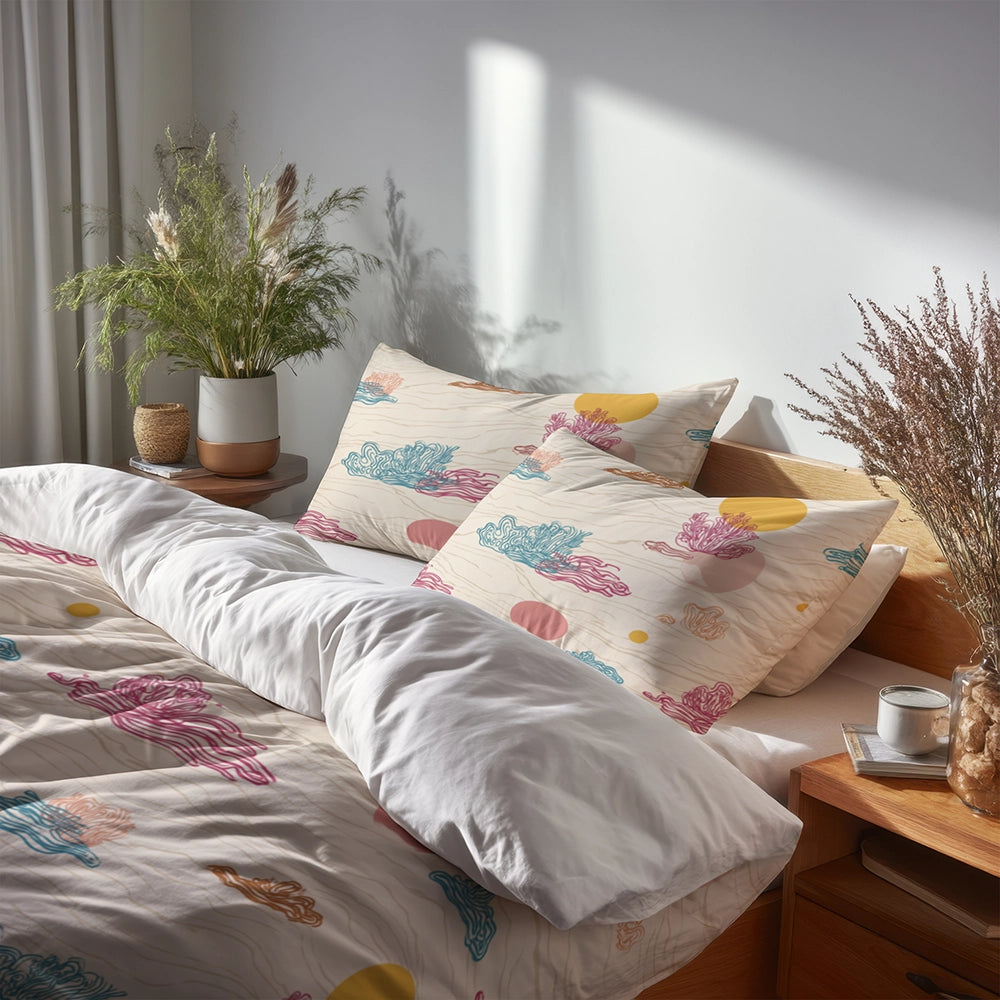 Coastal 3 Pcs Bedding Set - Coastal Coral Pattern Duvet Cover with Shams
