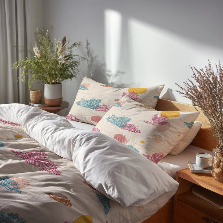 Coastal 3 Pcs Bedding Set - Coastal Coral Pattern Duvet Cover with Shams