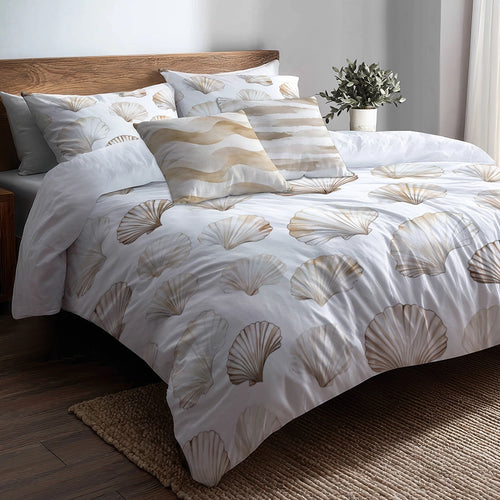 Coastal Bedding Set of 5 - Seashell Minimal  Duvet Cover And Throw Cushion Set