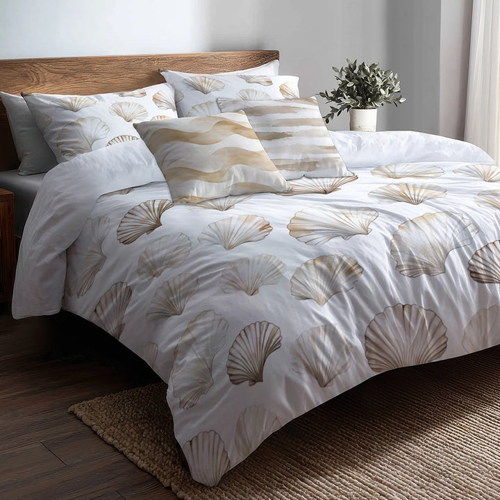 Coastal Bedding Set of 5 - Seashell Minimal  Duvet Cover And Throw Cushion Set