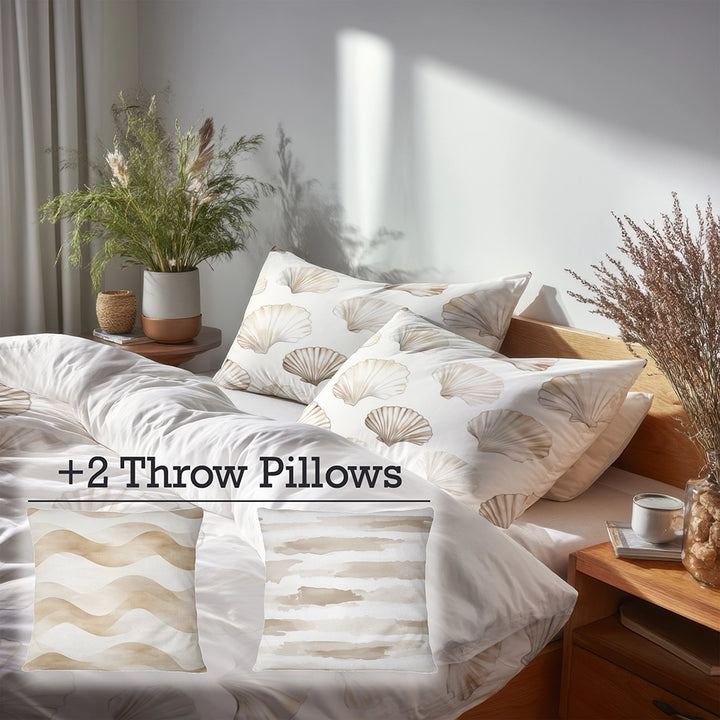 Coastal Bedding Set of 5 - Seashell Minimal  Duvet Cover And Throw Cushion Set