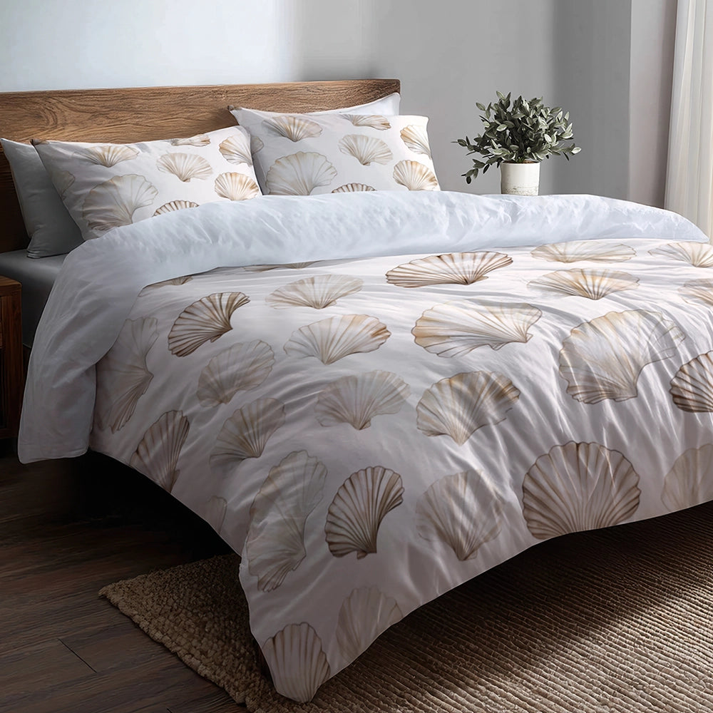 Coastal Bedding Set of 5 - Seashell Minimal  Duvet Cover And Throw Cushion Set