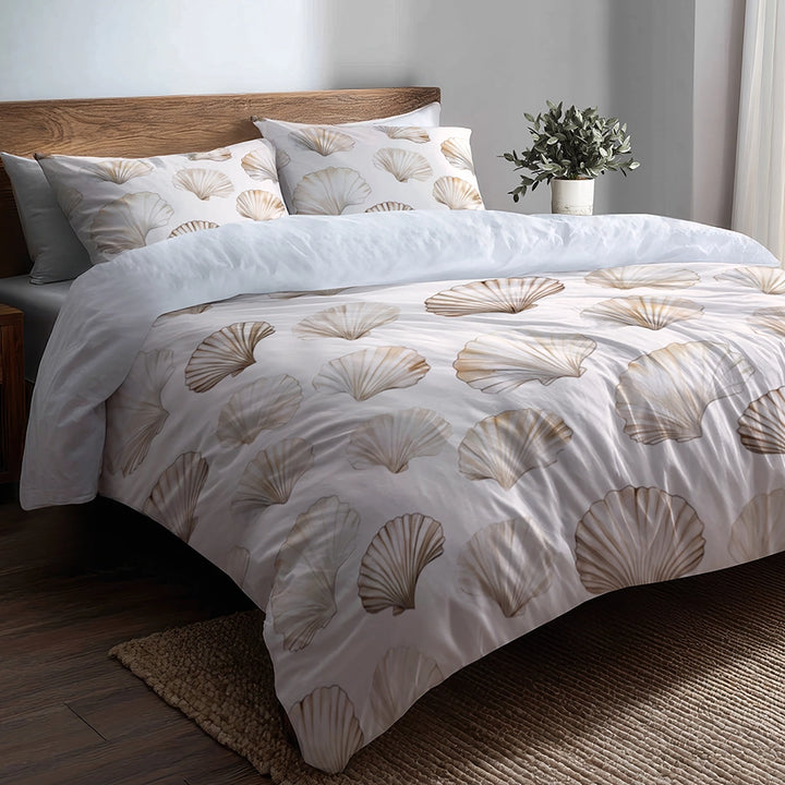 Coastal Bedding Set of 5 - Seashell Minimal  Duvet Cover And Throw Cushion Set