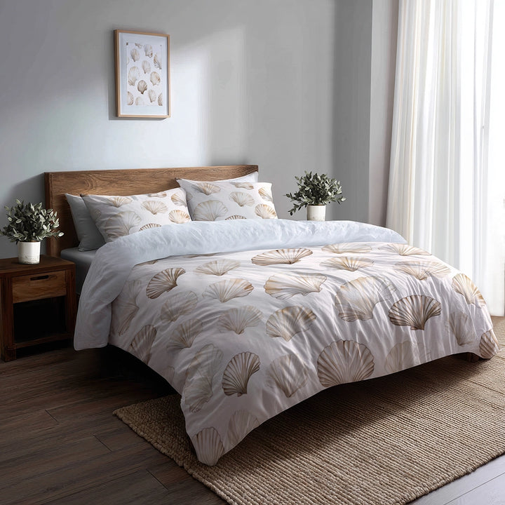 Coastal Bedding Set of 5 - Seashell Minimal  Duvet Cover And Throw Cushion Set