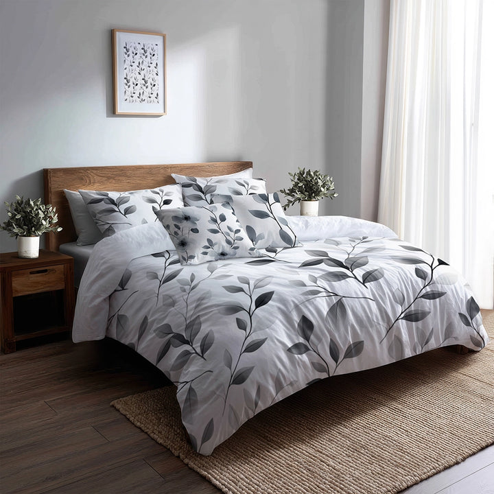 Modern Bedding Set - Soft Charcoal Flowers Duvet Cover And Cushion Set