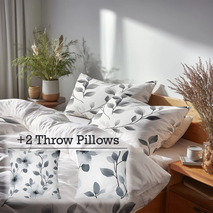 Modern Bedding Set - Soft Charcoal Flowers Duvet Cover And Cushion Set