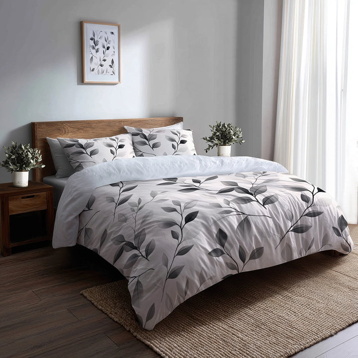 Modern Bedding Set - Soft Charcoal Flowers Duvet Cover And Cushion Set