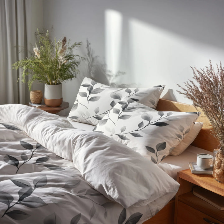Modern Bedding Set - Soft Charcoal Flowers Duvet Cover And Cushion Set