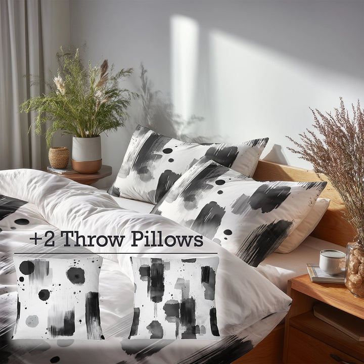 Abstract Duvet Cover Set of 5 - Black Minimal Light Bedding And Throw Pillow Set