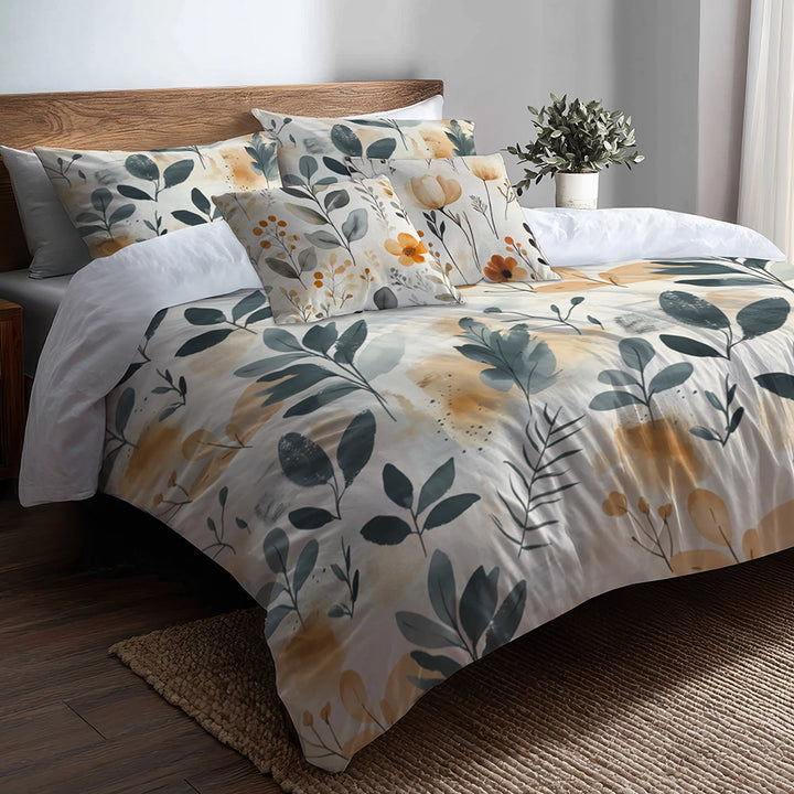 Boho Bedding Set of 5 - Botanical Sand Garden Duvet Cover And Throw Pillow Set