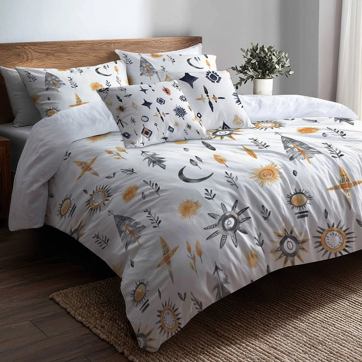 Boho Bedding Set of 5 - Tribal Boho Minimal Duvet Cover And Throw Cushion Set