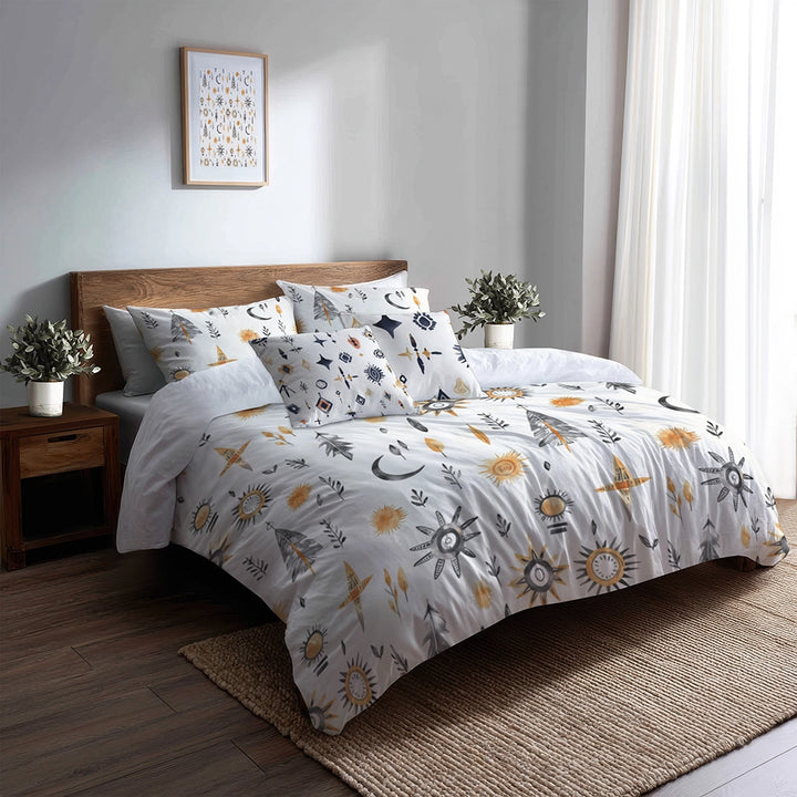 Boho Bedding Set of 5 - Tribal Boho Minimal Duvet Cover And Throw Cushion Set