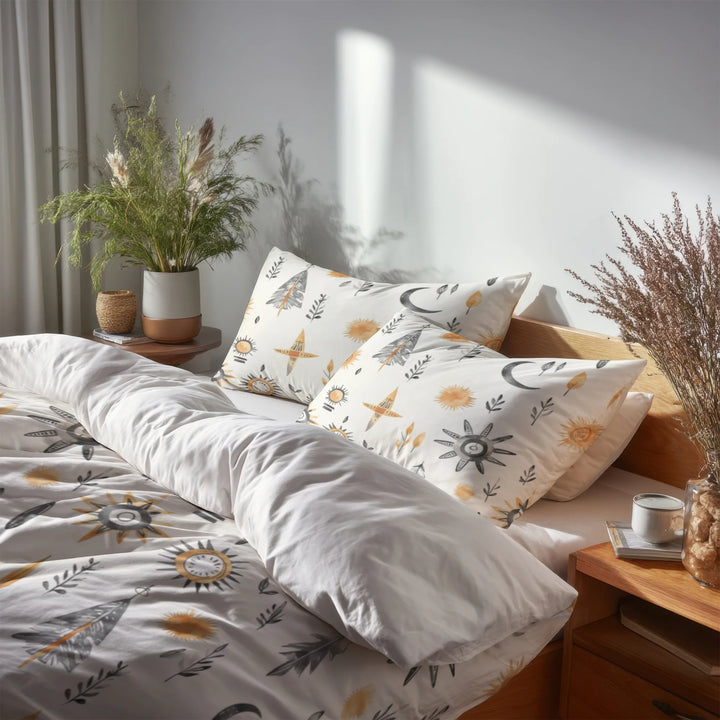 Boho Bedding Set of 5 - Tribal Boho Minimal Duvet Cover And Throw Cushion Set
