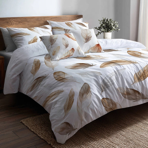 Floral Bedding Set 5 Pcs - Boho Feathers Soft Duvet Cover And Throw Pillow Set