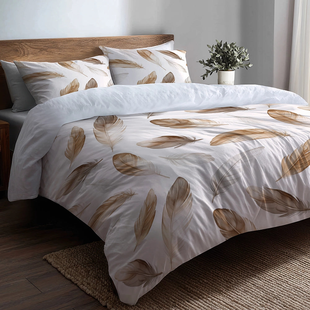 Floral Bedding Set 5 Pcs - Boho Feathers Soft Duvet Cover And Throw Pillow Set