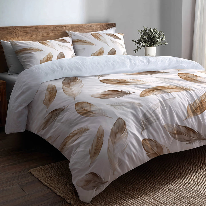 Floral Bedding Set 5 Pcs - Boho Feathers Soft Duvet Cover And Throw Pillow Set