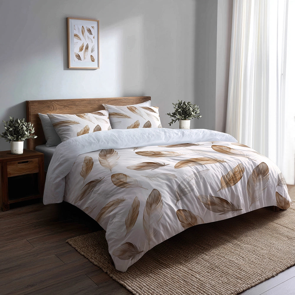 Floral Bedding Set 5 Pcs - Boho Feathers Soft Duvet Cover And Throw Pillow Set