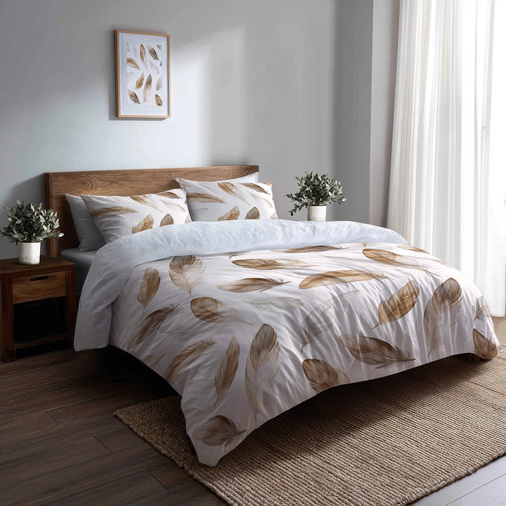 Floral Bedding Set 5 Pcs - Boho Feathers Soft Duvet Cover And Throw Pillow Set
