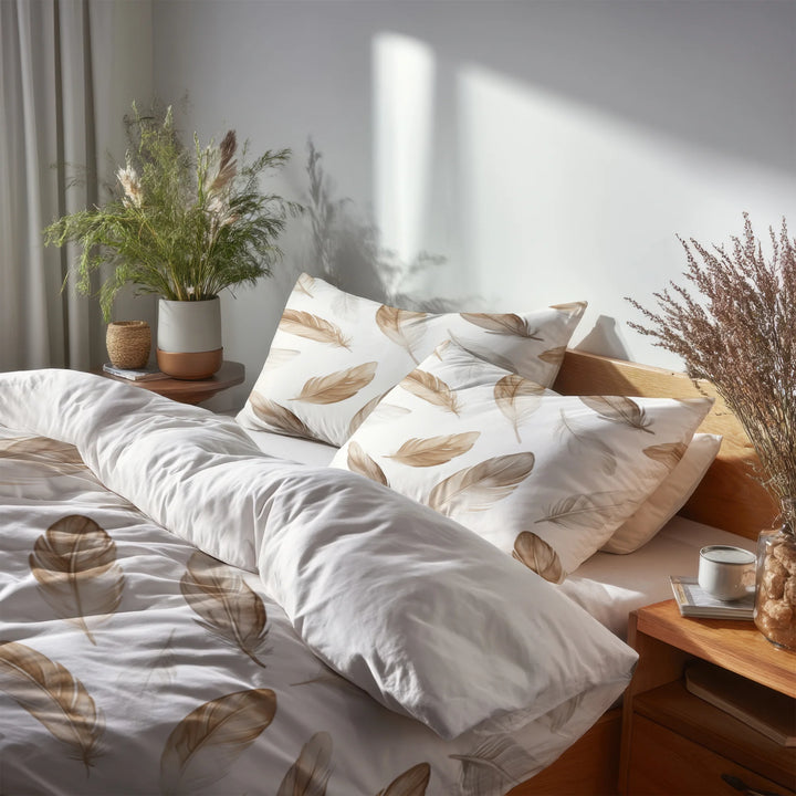 Floral Bedding Set 5 Pcs - Boho Feathers Soft Duvet Cover And Throw Pillow Set