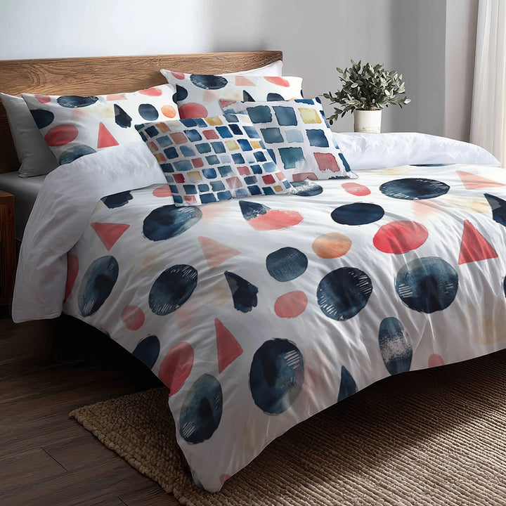 Boho Bedding Set of 5 - Blue And Pink Boho Totem Duvet Cover And Throw Pillow Set