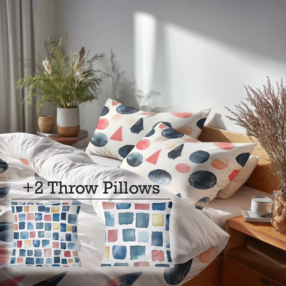 Boho Bedding Set of 5 - Blue And Pink Boho Totem Duvet Cover And Throw Pillow Set