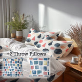 Boho Bedding Set of 5 - Blue And Pink Boho Totem Duvet Cover And Throw Pillow Set