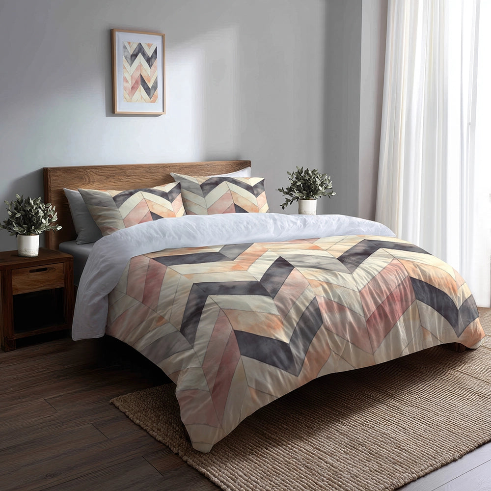 Chevron Duvet Cover Set of 3 - Black And Orange Boho Chevron Bedding Set