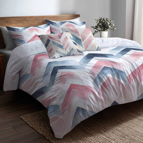 Boho Bedding Set of 5 - Pink And Blue Boho Chevron Duvet Cover And Throw Cushion Set