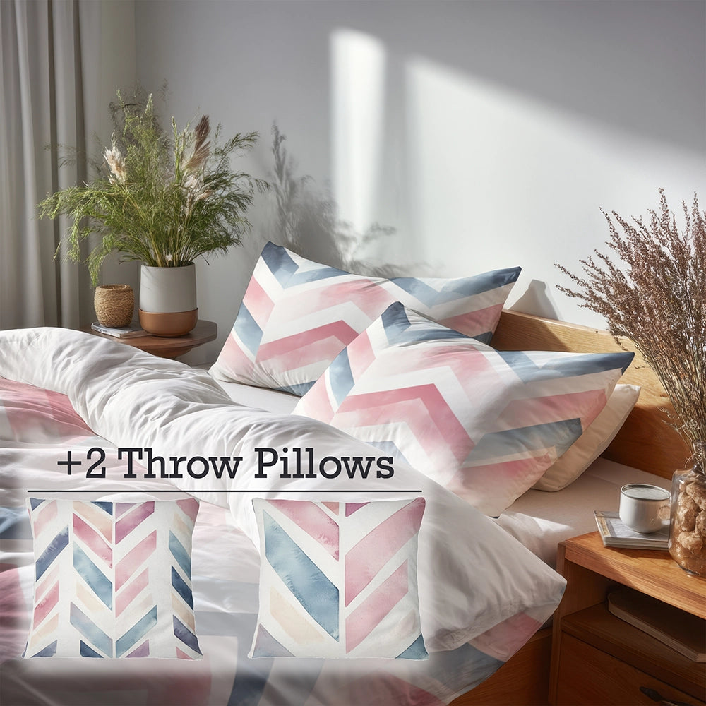 Boho Bedding Set of 5 - Pink And Blue Boho Chevron Duvet Cover And Throw Cushion Set