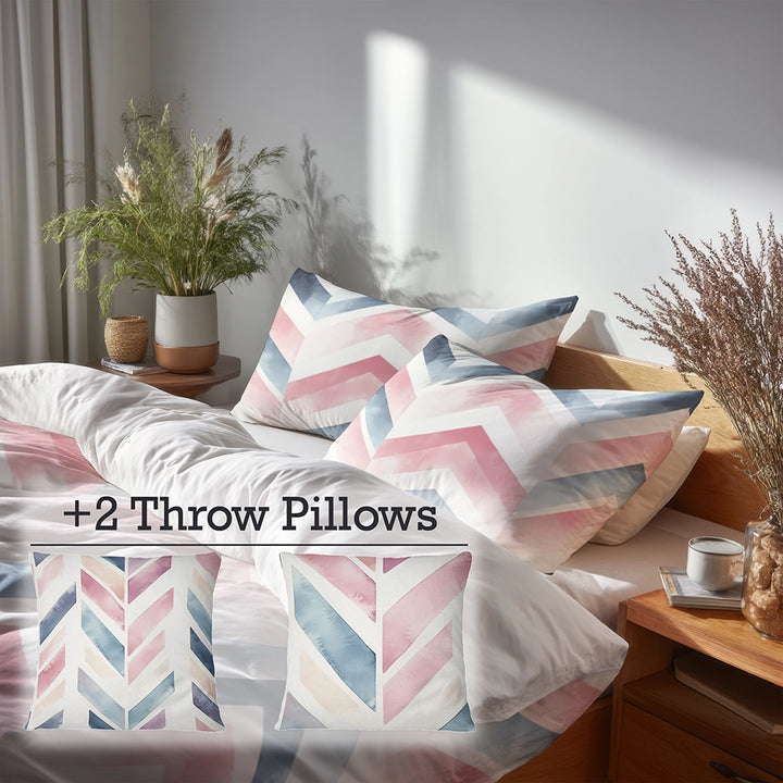 Boho Bedding Set of 5 - Pink And Blue Boho Chevron Duvet Cover And Throw Cushion Set