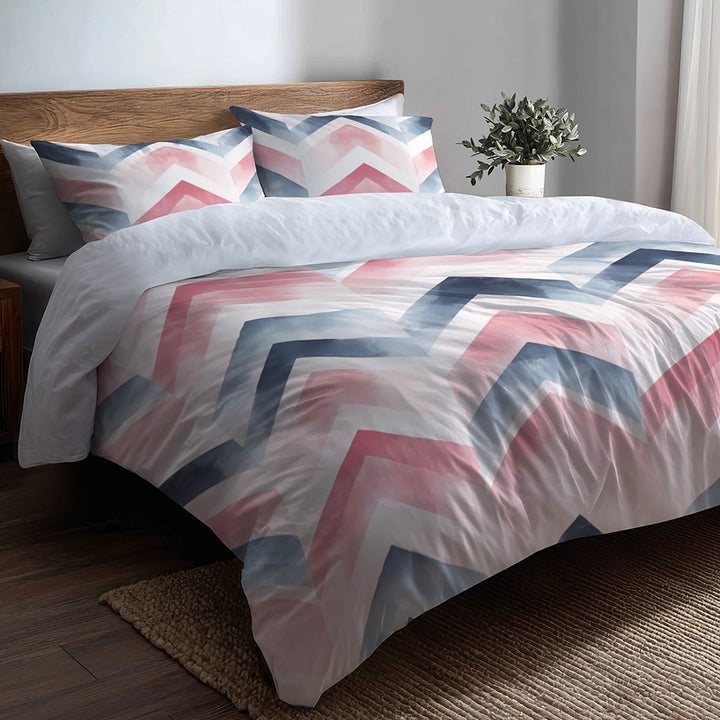 Boho Bedding Set of 5 - Pink And Blue Boho Chevron Duvet Cover And Throw Cushion Set