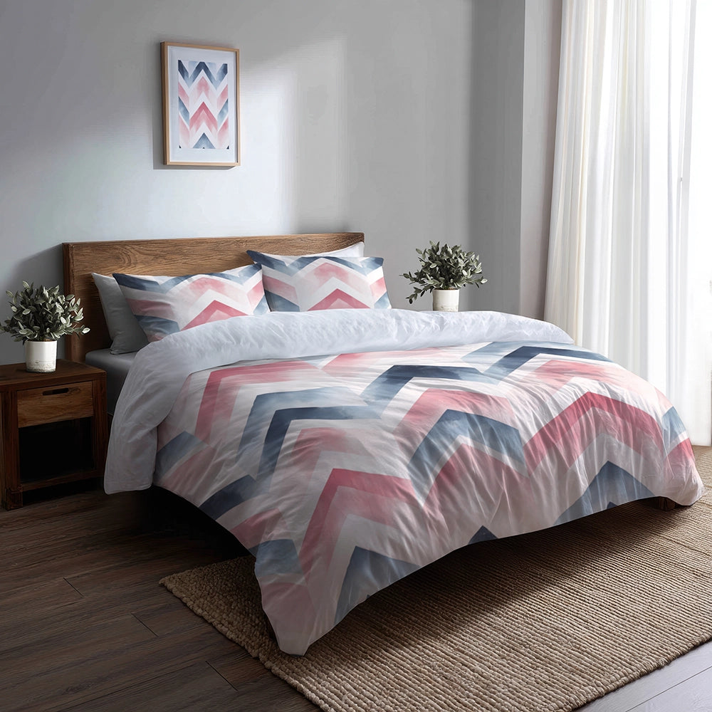 Boho Bedding Set of 5 - Pink And Blue Boho Chevron Duvet Cover And Throw Cushion Set