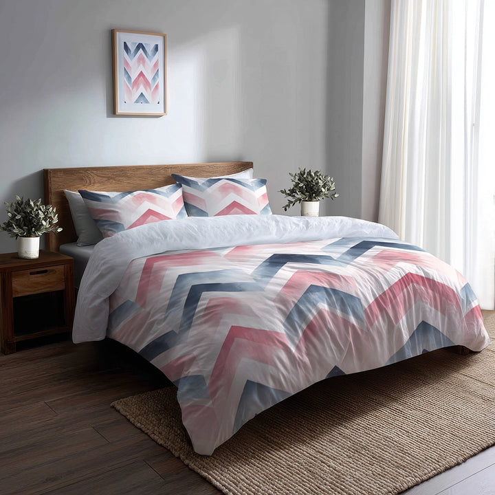 Boho Bedding Set of 5 - Pink And Blue Boho Chevron Duvet Cover And Throw Cushion Set