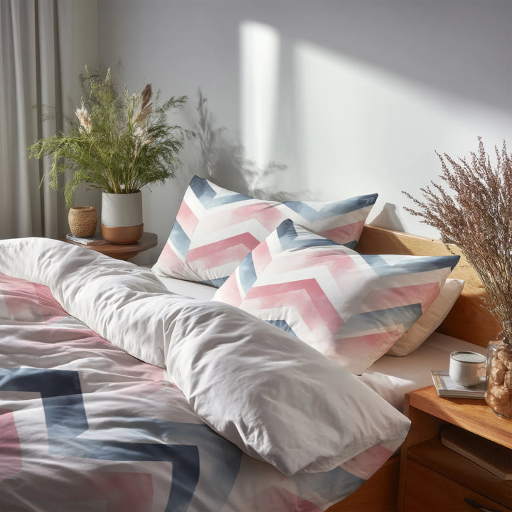 Boho Bedding Set of 5 - Pink And Blue Boho Chevron Duvet Cover And Throw Cushion Set