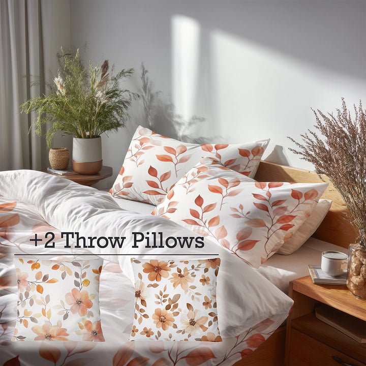 Floral 5 Pcs Bedding Set - Terra Leaves In Autumn Duvet Cover And Pillow Set