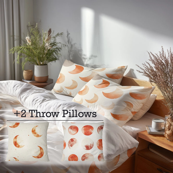 Modern Bedding Set of 5 - Terracotta Moon Duvet Cover And Throw Cushion Set