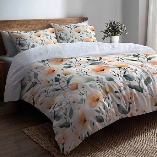 Boho Bedding Set of 3 - Orange And Green Meadow Flowers Duvet Cover Set