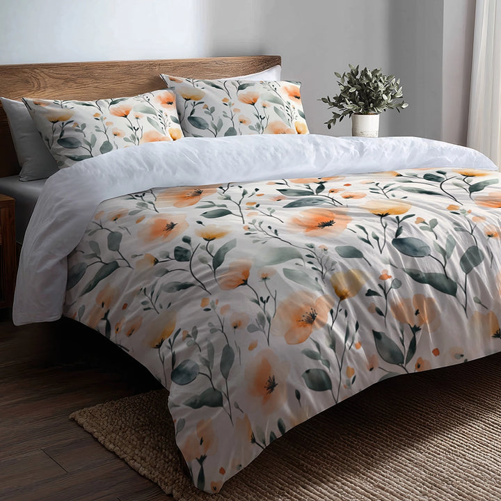 Boho Bedding Set of 3 - Orange And Green Meadow Flowers Duvet Cover Set